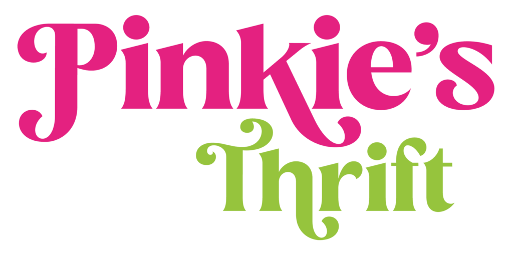Pinkie's Thrift shop logo in pink and green font, representing the brand's identity.