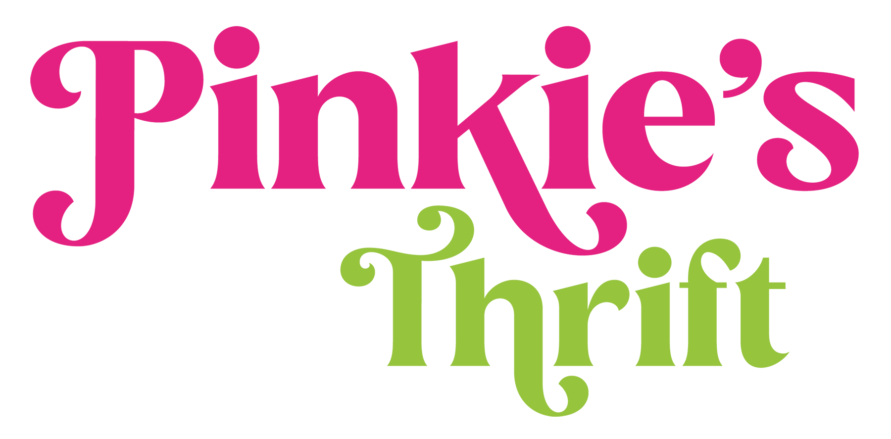 Pinkie's Thrift shop logo in pink and green font, representing the brand's identity.
