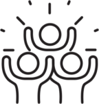 outline of three figures with their arms stretched above their heads depicting excitement and joy