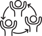 outline of three people with their hands up in a circle with thin arrows in between each figure connecting all three