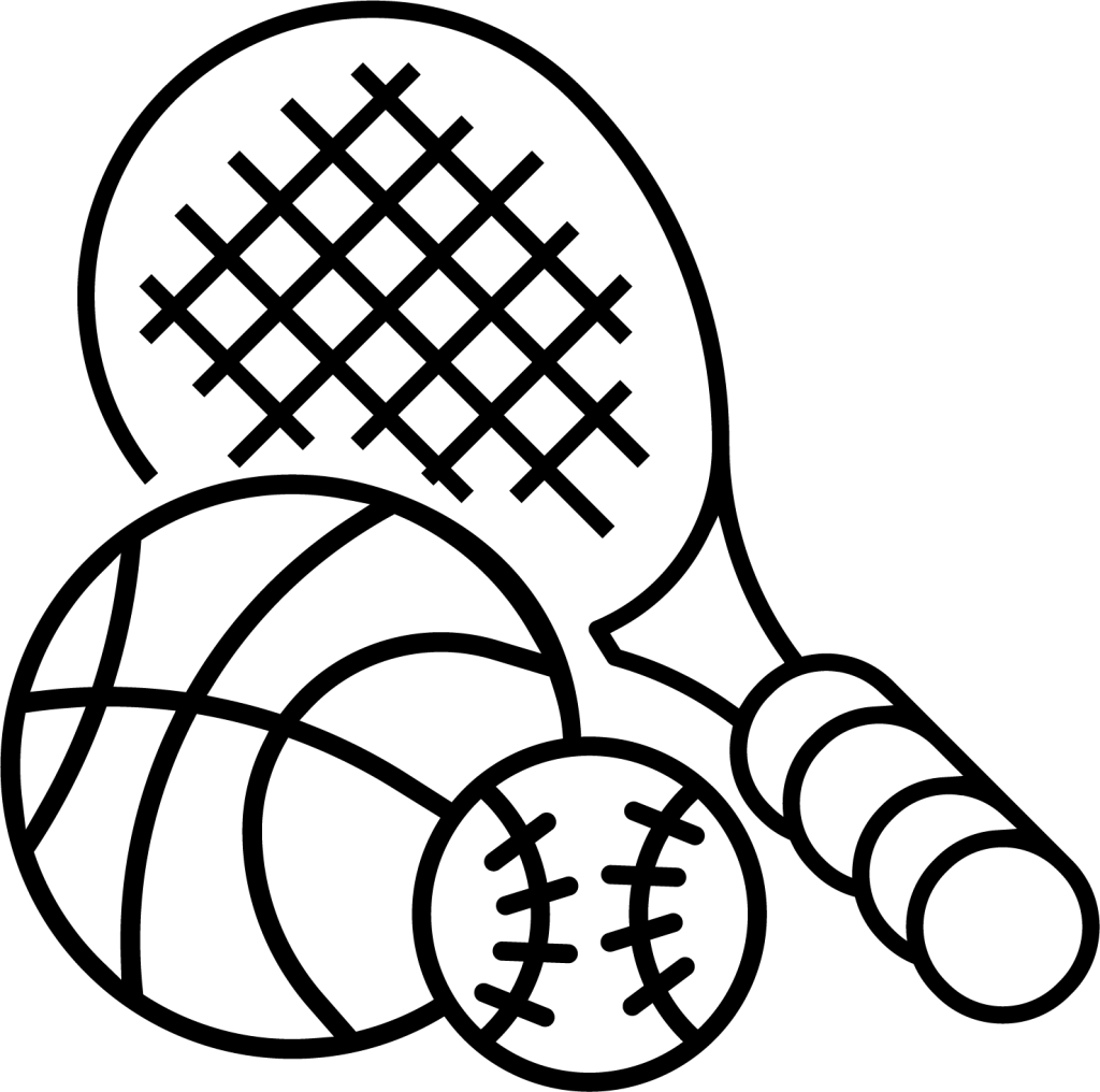 outline of a tennis racket, basketball and baseball clustered together
